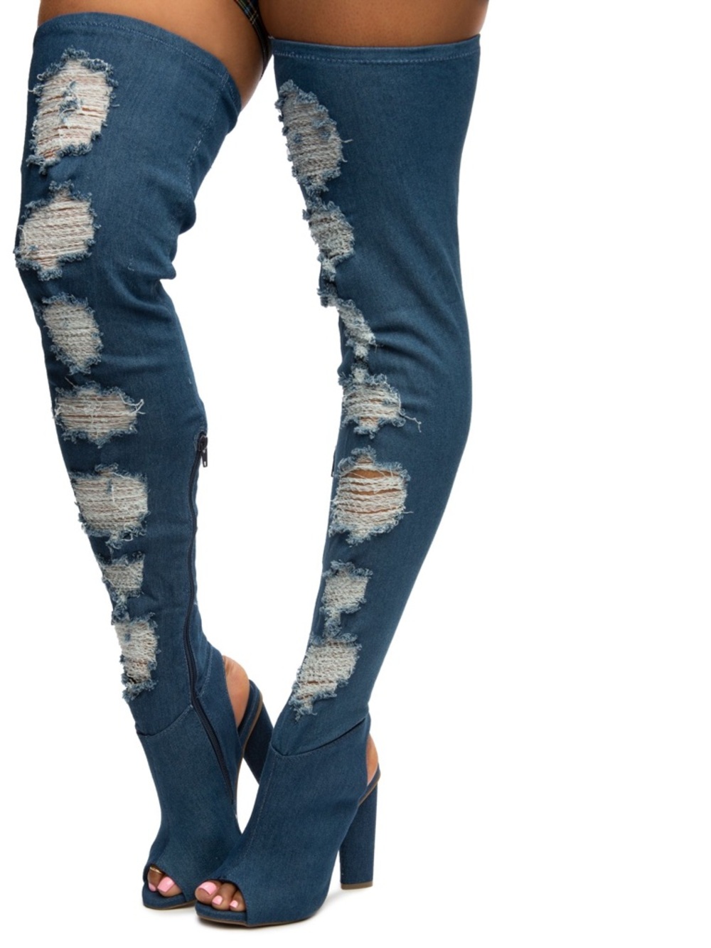 Distressed Over-the-Knee Peep-Toe Jeans Boots - Dark Blue